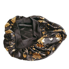 Load image into Gallery viewer, Wide Band Sleep Bonnet Cap in breathable Black &amp; Gold Satin Fabric
