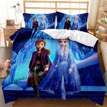 Load image into Gallery viewer, Frozen Elsa &amp; Anna 3D Printed Double Bed Duvet Cover Set - Blue
