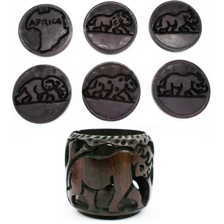 African Hand Carved Wooden Coaster set 7 Piece - Including Holder Buy Online in Zimbabwe thedailysale.shop