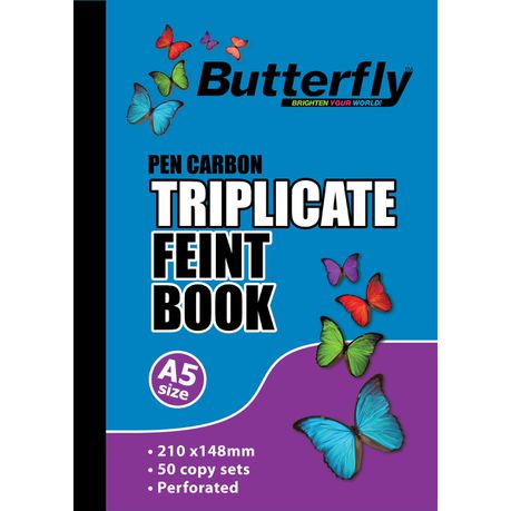 Butterfly A5 Triplicate Book - Feint Plain 50 Sheets