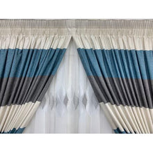 Load image into Gallery viewer, Blue White &amp; Grey Line Theme Curtain &amp; Leaf Lace 2.5x2.4m
