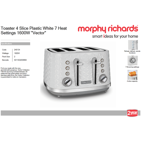 Morphy Richards Toaster 4 Slice Plastic White 7 Heat Settings 1600W Vector