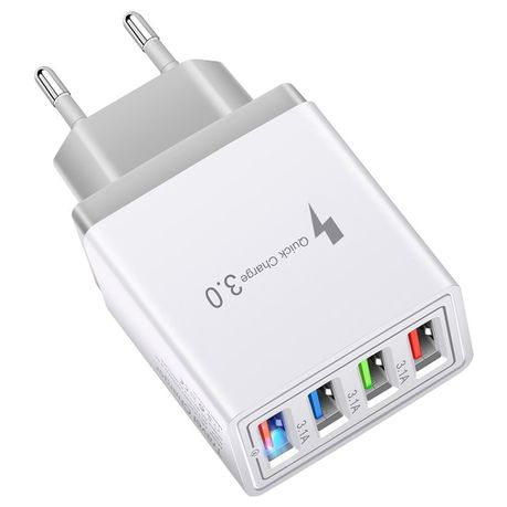 USB Wall Charger/ Adapter - 4 Port Fast Charge Compatible - White & Grey