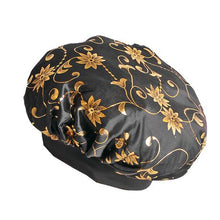 Load image into Gallery viewer, Wide Band Sleep Bonnet Cap in breathable Black &amp; Gold Satin Fabric
