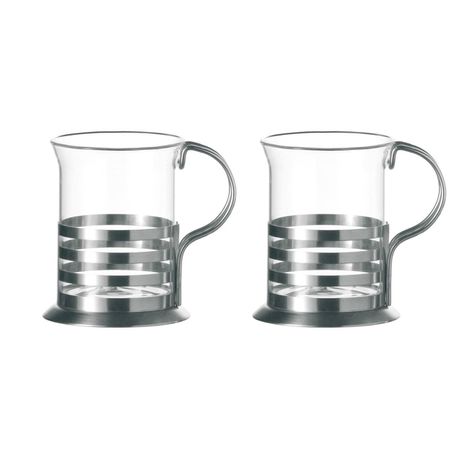 Leonardo Tea Mugs: Clear Glass in Metal Holder with Handle 220ml - Set of 2 Buy Online in Zimbabwe thedailysale.shop