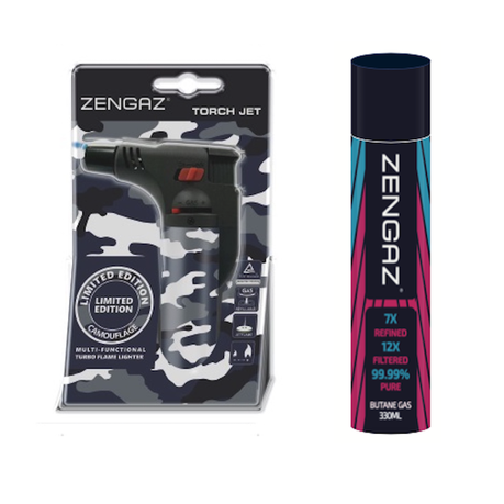 Zengaz Torch Jet Lighter Grey Army & Zengaz Pure Gas 330ml Refill