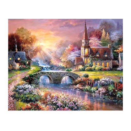 Diamond Painting DIY Kit,Full Drill, 50x40cm- Sunset, Birdge and Cottage Buy Online in Zimbabwe thedailysale.shop