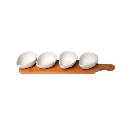 4 Bowl Porcelain Snack Platter on a Bamboo Server