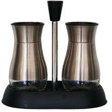 Load image into Gallery viewer, 3 Piece Glass &amp; Stainless Steel Salt &amp; Pepper 125ml Shaker Set with Holder
