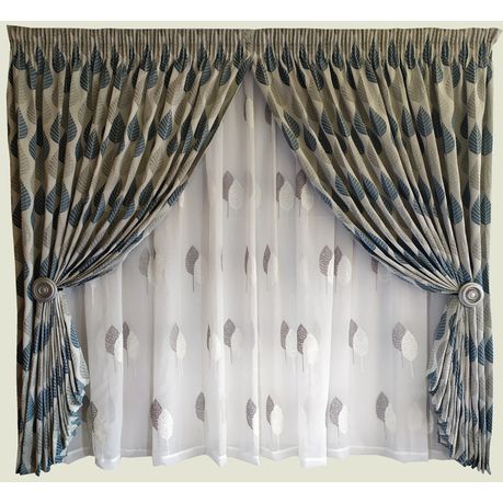 Curtain Set - 5m Blue Leave + 5m 1898 Embroidered Linen Voile Buy Online in Zimbabwe thedailysale.shop