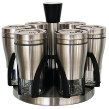 Load image into Gallery viewer, 7 Piece Broad Glass Spice Jars in Stainless Steel Jacket &amp; Rotating Spice Rack
