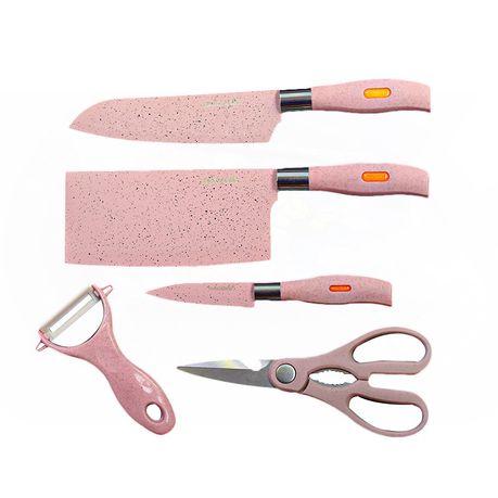 5 Piece Pink Granite Non - Stick Kitchen Knife Set