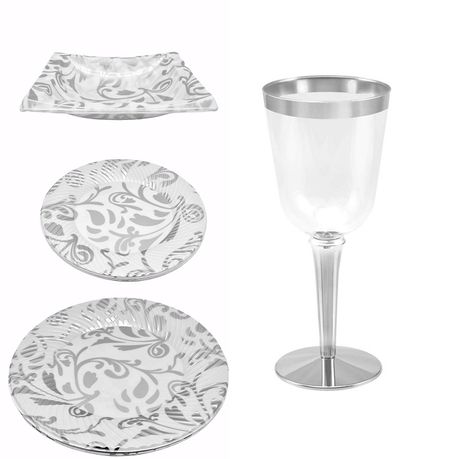 Disposable Plastic Dinner Set - Dinner Plates + Dessert Bowls + Cups