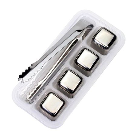 Stainless Steel Ice Cubes - Set of 4 Reusable Chiller Stone Cubes with Tong