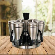 Load image into Gallery viewer, 7 Piece Broad Glass Spice Jars in Stainless Steel Jacket &amp; Rotating Spice Rack
