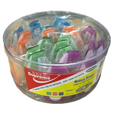 Supreme Stationery 24pc Rotary Erasers with Plastic Cover Office School