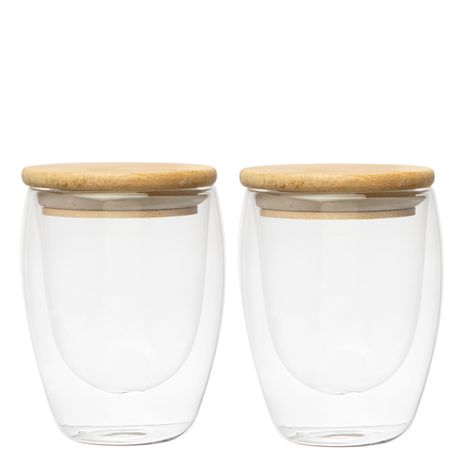 Double Walled Glasses 350 ml With Bamboo Lid , Set of 2