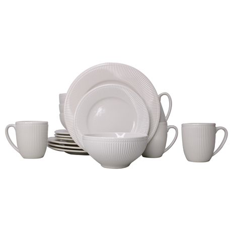 16 Piece Ivory White Embossed Ceramic Dinnerware Set - Design 09