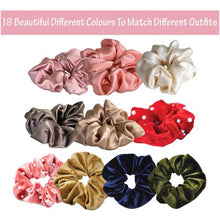 Load image into Gallery viewer, Scrunchies–5 Satin,5 Velvet,3 With Ribbons and Pearls &amp; 5 Skinny Hair Ties
