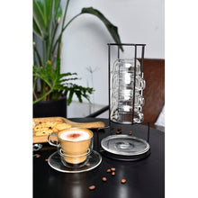 Load image into Gallery viewer, Soul Lifestyle Set of 4 Double Walled Cups and Saucers with Steel Stand
